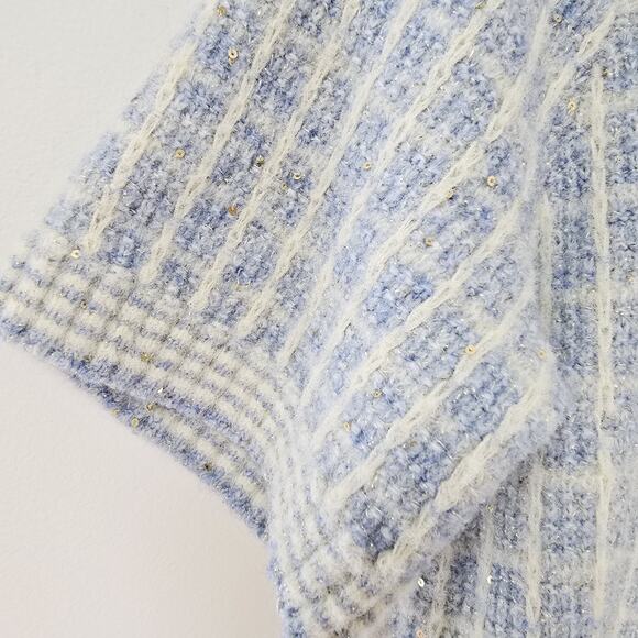 Talbots M Crewneck Sweater Sequin Plaid Blue Short Sleeve Preppy Academic NWT - Picture 5 of 12